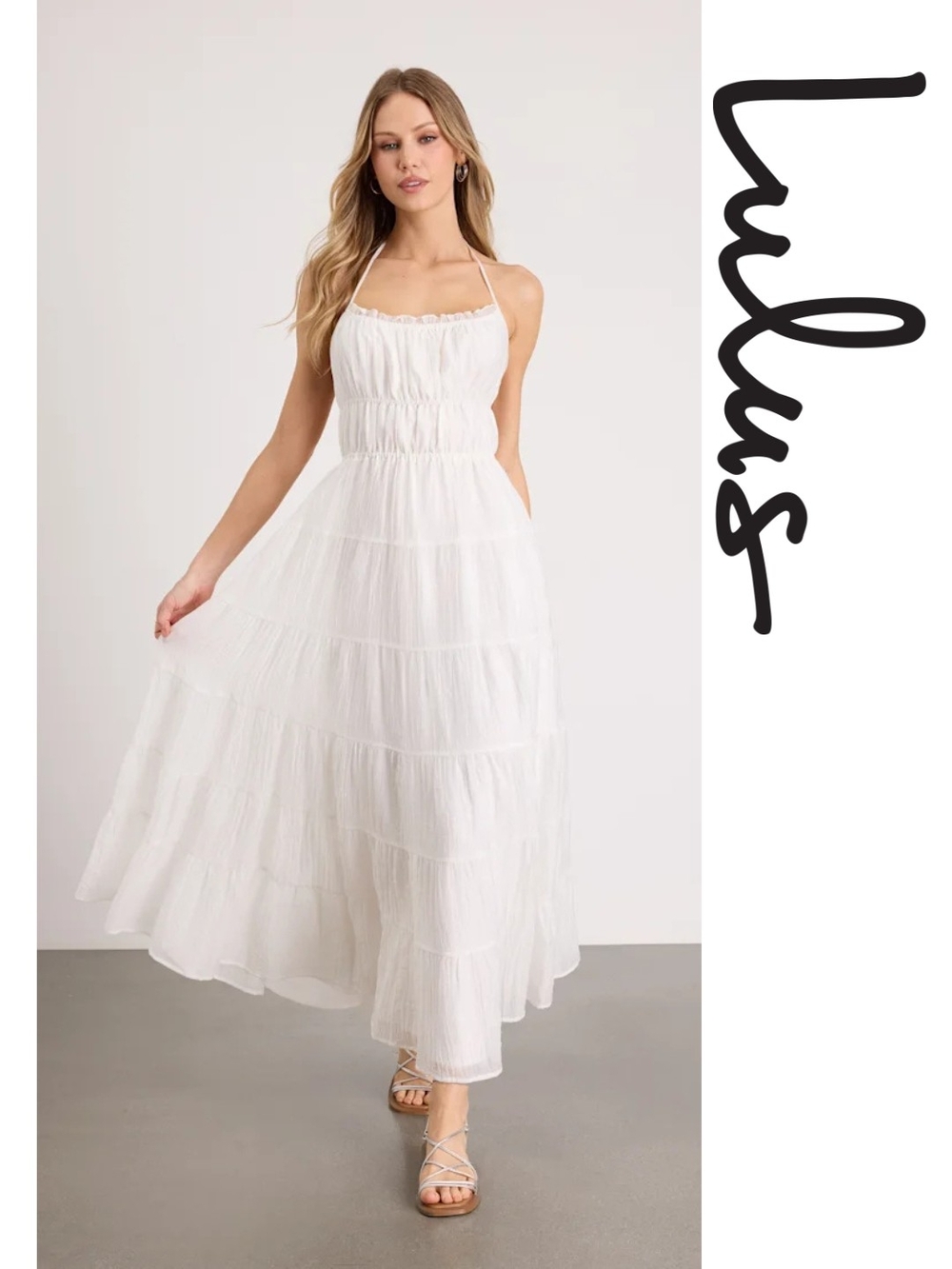 Lulu's - Ameera White Textured Tiered Backless Maxi Dress - Medium